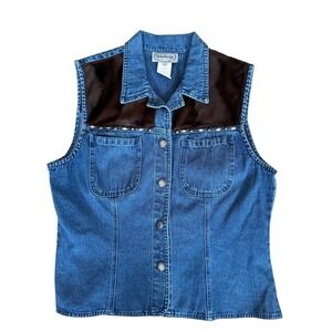 Stonebridge Vintage Blue Denim Vest Faux Fur Studded Western Cowgirl Large L